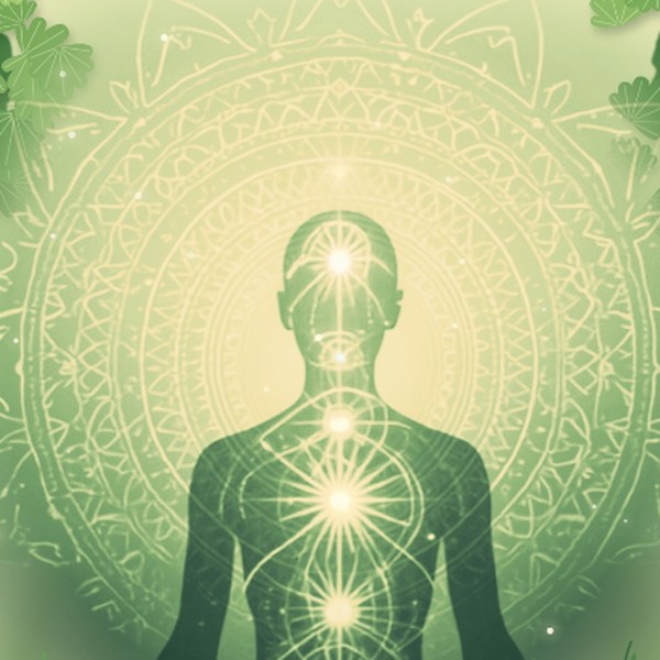 Meditant s osvijetljenim čakrama ispred zlatne mandale